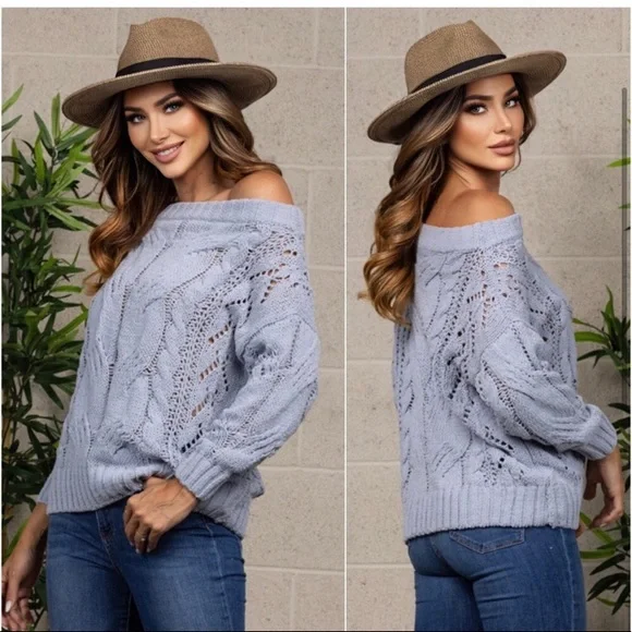 LAST ONE: Powder blue women’s cute off shoulder must have trendy fall sweater - Picture 2 of 2